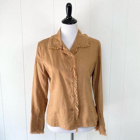 Vintage 100% Linen Tan Fringe Edge Button Down Top Size 4 Small Trousers INC - Picture 1 of 14